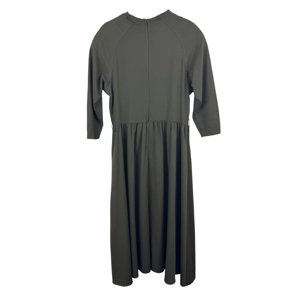 Vintage 80s Olive Green Midi Dress Prairie Cottagecore Dark Academia USA 13/14 - Picture 8 of 11